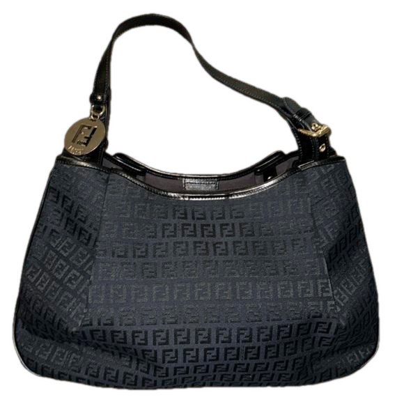 FENDI ZUCCHINO  Black Canvas Shoulder Bag with a Charm - Picture 3 of 13